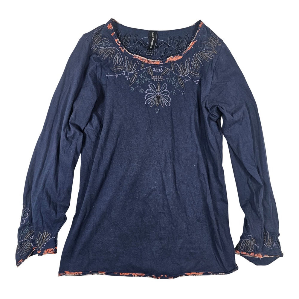 Sacred Threads Womens Navy Blue Embroidered Floral‎ Long Sleeve Boho Top Size M